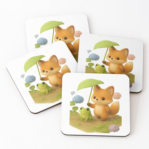 Item preview, Cute Fox and Frog Rainy Day Walk - Kawaii Japanese Cottagecore Art designed and sold by Moons Studio.