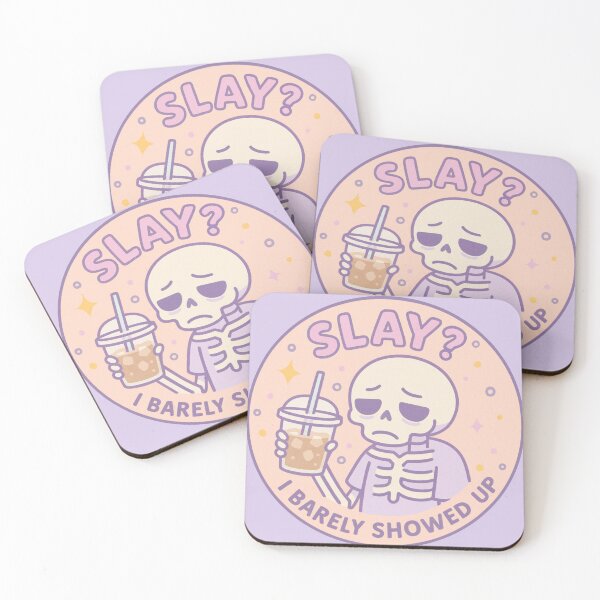 Item preview, Slay? I Barely Showed Up – Cute Skeleton Coffee Sticker designed and sold by aurenta.shop.
