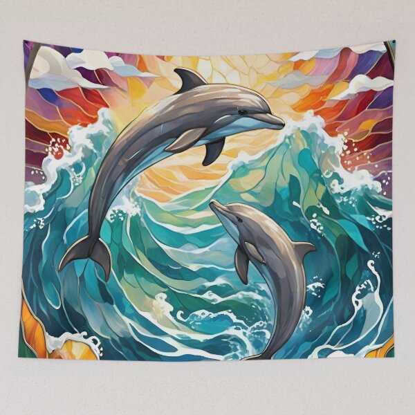 Item preview, Stained Glass Dolphins Playing with Ocean Waves designed and sold by Ciervo Primavera.