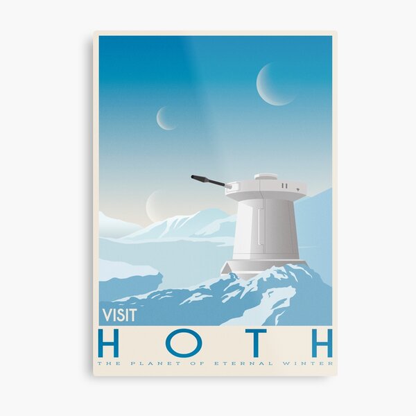 Hoth poster. Starwars retro travel. Ice planet. Tauntaun movie. Empire strikes back. Echo rebel base. Snowspeeder print. Vintage illustration. Fictional Travel. Episode V Metal Print
