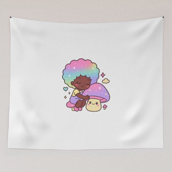 Item preview, Kawaii Chibi Girl Hugging Magical Mushroom - Pastel Afro Cute Whimsical Fantasy Art designed and sold by OsasChild.