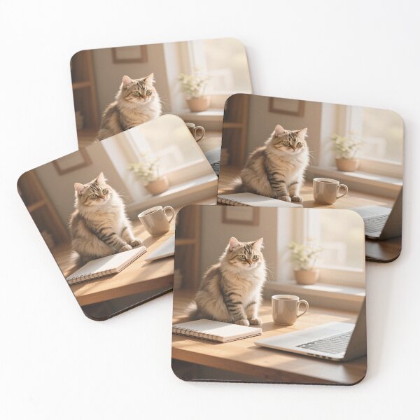 Item preview, Cute fluffy cat sitting on wooden desk with laptop notebook and coffee mug in cozy sunlight designed and sold by Mimoshi ⭐⭐⭐⭐⭐.