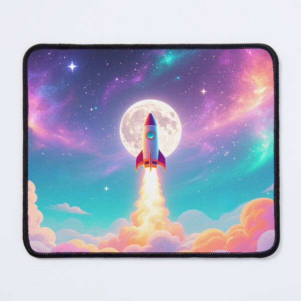 Item preview, Colorful rocket launching to space with glowing moon and dreamy galaxy sky in vibrant digital illustration designed and sold by Mimoshi ⭐⭐⭐⭐⭐.