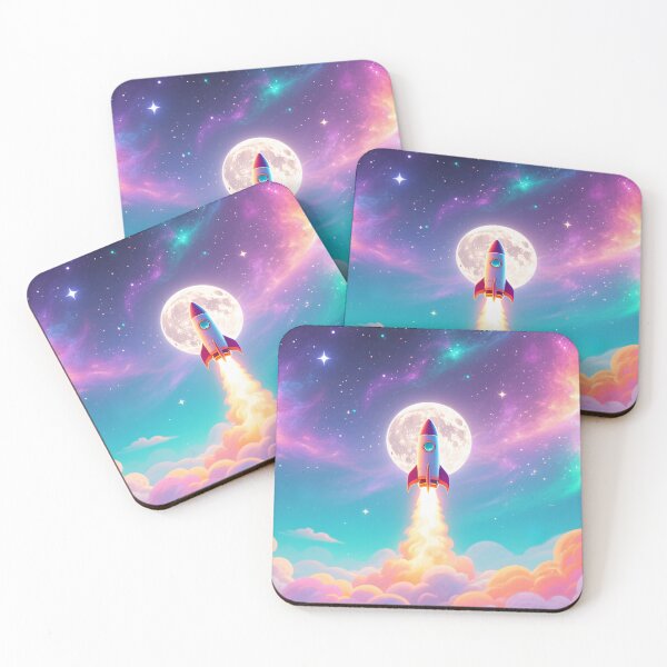 Item preview, Colorful rocket launching to space with glowing moon and dreamy galaxy sky in vibrant digital illustration designed and sold by Mimoshi ⭐⭐⭐⭐⭐.