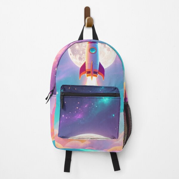 Item preview, Colorful rocket launching to space with glowing moon and dreamy galaxy sky in vibrant digital illustration designed and sold by Mimoshi ⭐⭐⭐⭐⭐.
