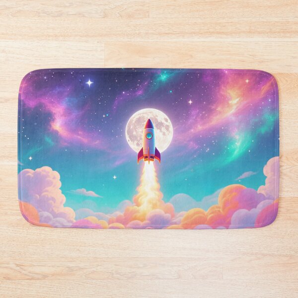 Item preview, Colorful rocket launching to space with glowing moon and dreamy galaxy sky in vibrant digital illustration designed and sold by Mimoshi ⭐⭐⭐⭐⭐.