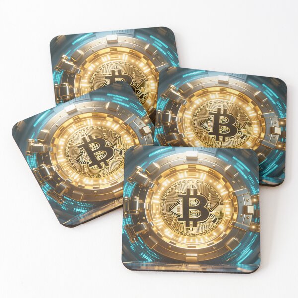 Item preview, Golden bitcoin digital artwork with futuristic technology background in modern cyber crypto finance illustration style designed and sold by Mimoshi ⭐⭐⭐⭐⭐.