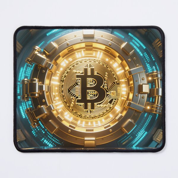 Item preview, Golden bitcoin digital artwork with futuristic technology background in modern cyber crypto finance illustration style designed and sold by Mimoshi ⭐⭐⭐⭐⭐.