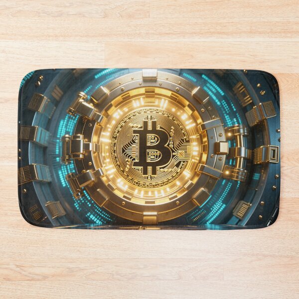Item preview, Golden bitcoin digital artwork with futuristic technology background in modern cyber crypto finance illustration style designed and sold by Mimoshi ⭐⭐⭐⭐⭐.