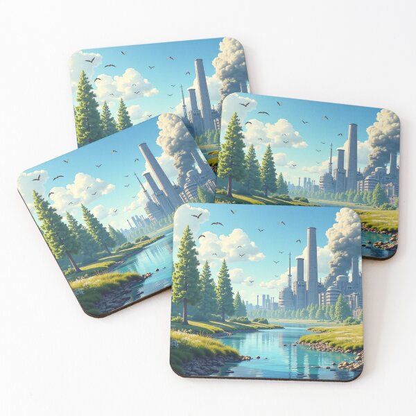 Item preview, Beautiful landscape digital artwork showing nature forest river with deer beside polluted industrial city skyline contrast designed and sold by Mimoshi ⭐⭐⭐⭐⭐.