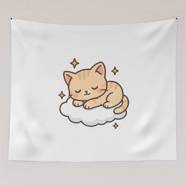 Item preview, Kawaii Kitten Sleeping on a Cloud with Sparkles – Chibi Cat Dream  designed and sold by OsasChild.