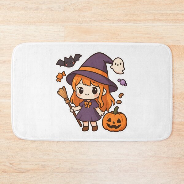 Item preview, Kawaii Halloween Girl | Witch Hat, Broomstick, Pumpkin & Bat Ghost Illustration designed and sold by OsasChild.