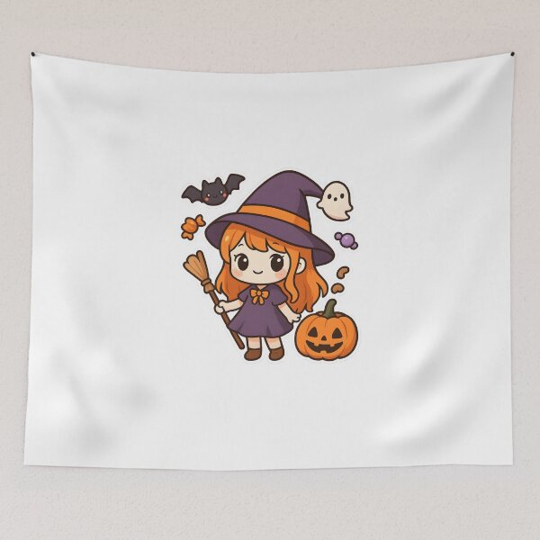 Item preview, Kawaii Halloween Girl | Witch Hat, Broomstick, Pumpkin & Bat Ghost Illustration designed and sold by OsasChild.