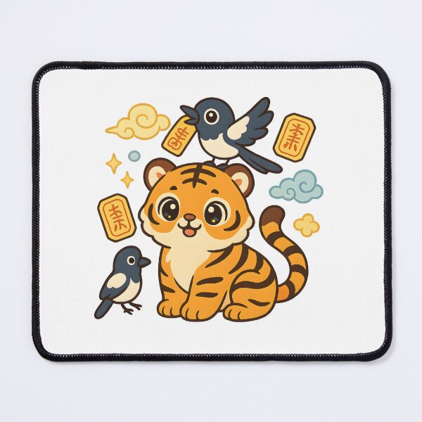 Item preview, Kawaii Korean Minhwa Tiger with Magpies & Lucky Talismans | Cute Yellow & Blue Cloud Art designed and sold by OsasChild.
