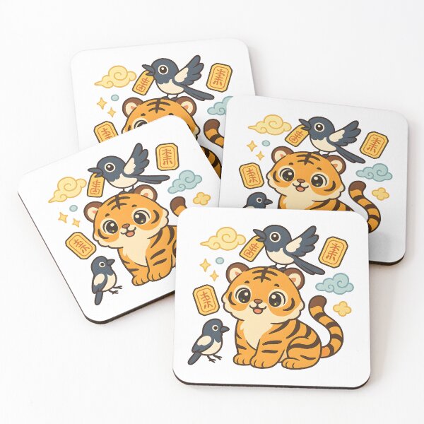 Item preview, Kawaii Korean Minhwa Tiger with Magpies & Lucky Talismans | Cute Yellow & Blue Cloud Art designed and sold by OsasChild.