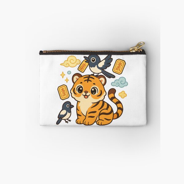 Item preview, Kawaii Korean Minhwa Tiger with Magpies & Lucky Talismans | Cute Yellow & Blue Cloud Art designed and sold by OsasChild.