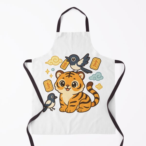 Item preview, Kawaii Korean Minhwa Tiger with Magpies & Lucky Talismans | Cute Yellow & Blue Cloud Art designed and sold by OsasChild.