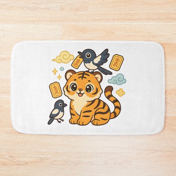 Item preview, Kawaii Korean Minhwa Tiger with Magpies & Lucky Talismans | Cute Yellow & Blue Cloud Art designed and sold by OsasChild.