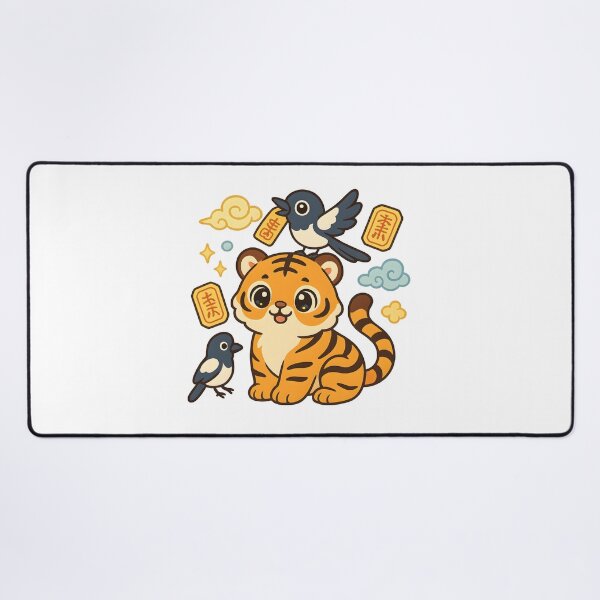 Item preview, Kawaii Korean Minhwa Tiger with Magpies & Lucky Talismans | Cute Yellow & Blue Cloud Art designed and sold by OsasChild.