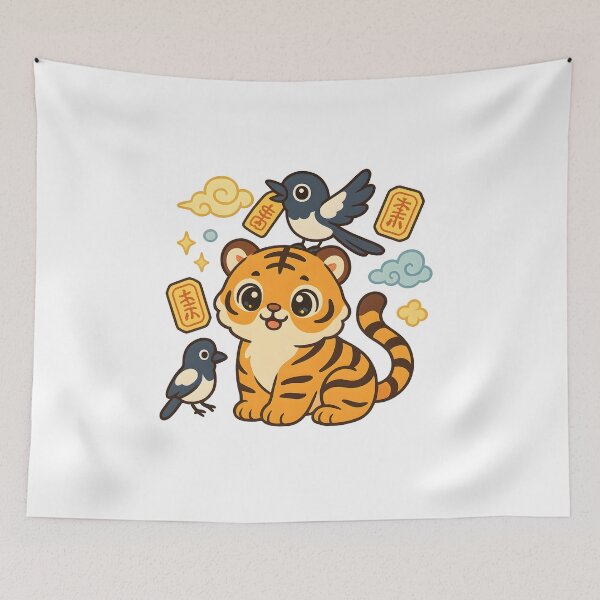 Item preview, Kawaii Korean Minhwa Tiger with Magpies & Lucky Talismans | Cute Yellow & Blue Cloud Art designed and sold by OsasChild.