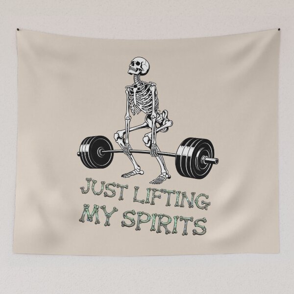 Item preview, Grim Lifter: A simple and iconic design. A skeleton weightlifter is the star, with the powerful words "Lifting My Spirits" written below in a strong font designed and sold by Grang Art Artistic Designs.