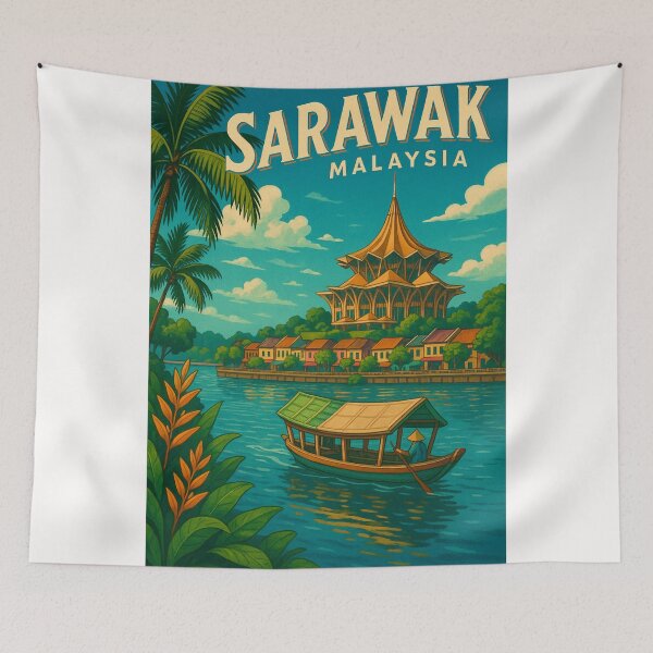 Item preview, Kuching Waterfront with Sarawak State Assembly and Sampan designed and sold by Places On Earth.
