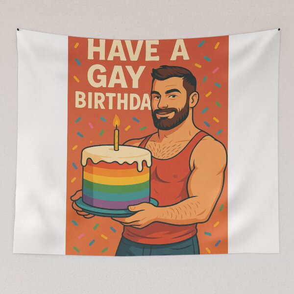 Item preview,  Gay Birthday Greeting with Rainbow Cake and Beard Guy designed and sold by Places On Earth.