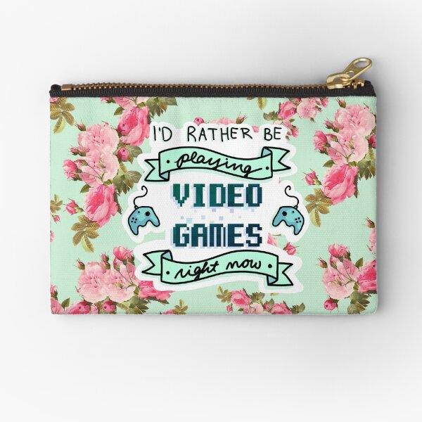 I'd Rather Be Playing Video Games - Floral Background Zipper Pouch