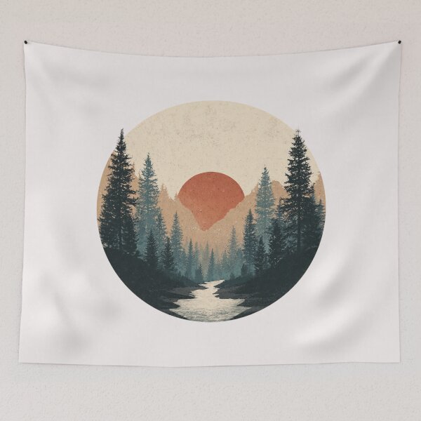 Item preview, Minimalist river in the forest with sunset – retro nature motif for outdoor and adventure fans designed and sold by Meiersbeste.