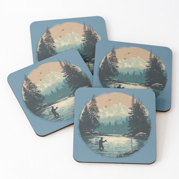Item preview, Fly fishing in the river – retro outdoor motif with mountains and forest for anglers and nature lovers designed and sold by Meiersbeste.
