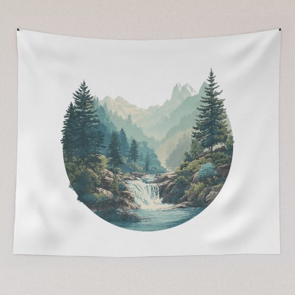 Item preview, Retro landscape with waterfall and mountains – vintage nature motif for outdoor and adventure fans designed and sold by Meiersbeste.