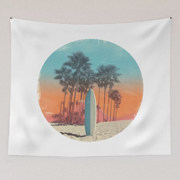 Item preview, Surfboard on the beach with palm trees – retro sunset motif for surfers and beach lovers designed and sold by Meiersbeste.