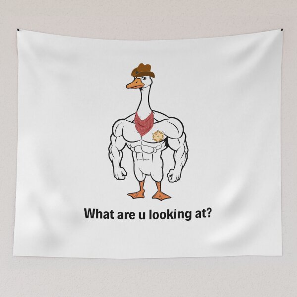 Item preview, Funny Muscular Goose Sheriff Meme – What Are You Looking At? Cartoon Animal Illustration designed and sold by MiraDesignCo.