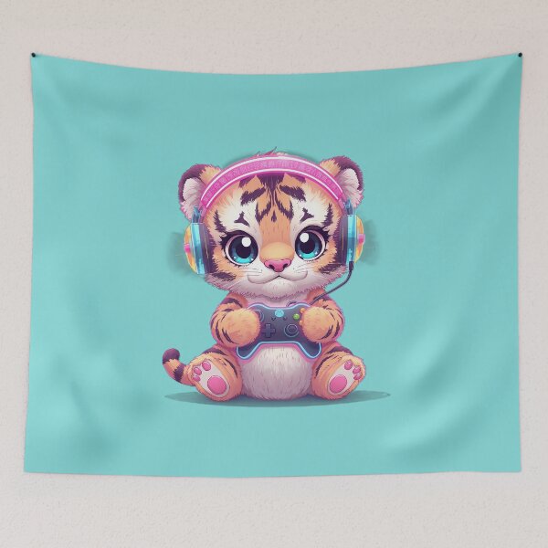 Item preview, Baby Tiger Gamer with Neon Headset | Kawaii Cute Gaming Art designed and sold by PawxelArt.