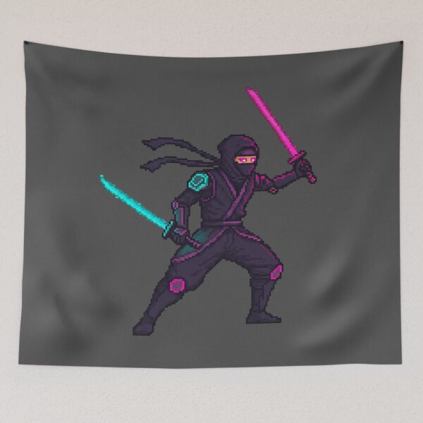 Item preview, Pixelated 90s Retro Ninja Character with Glowing Swords designed and sold by ARM-Designs.