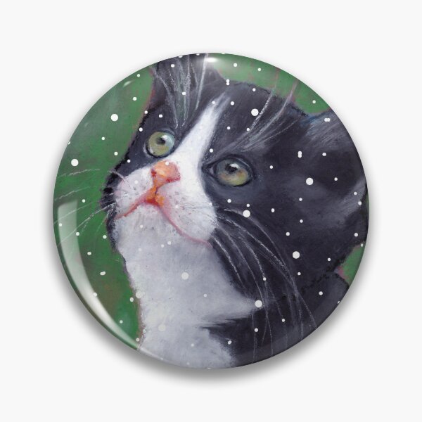 Item preview, Tuxedo Kitten Looking Up at Falling Snowflakes, Green-eyed Cat designed and sold by JoyfulWhimsy.