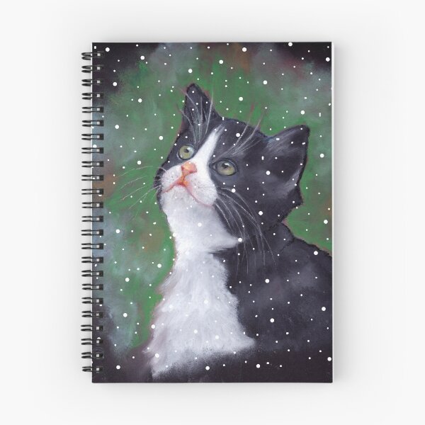 Item preview, Tuxedo Kitten Looking Up at Falling Snowflakes, Green-eyed Cat designed and sold by JoyfulWhimsy.