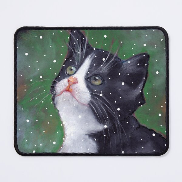 Item preview, Tuxedo Kitten Looking Up at Falling Snowflakes, Green-eyed Cat designed and sold by JoyfulWhimsy.