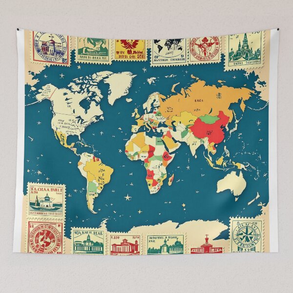 Item preview, vintage stamps on a map colorful design designed and sold by SmashingDeals.