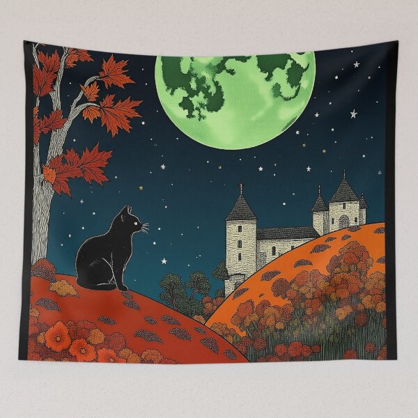 Item preview, Vintage Black Cat with Castle and Green Moon designed and sold by Fullspace.