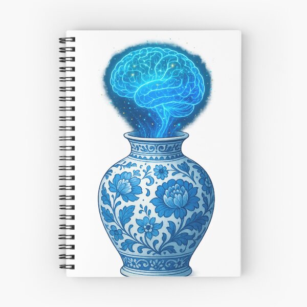 Item preview, Porcelain Mind – Glowing Brain in Blue Floral Vase | Surreal Digital Art designed and sold by AMAOZ.