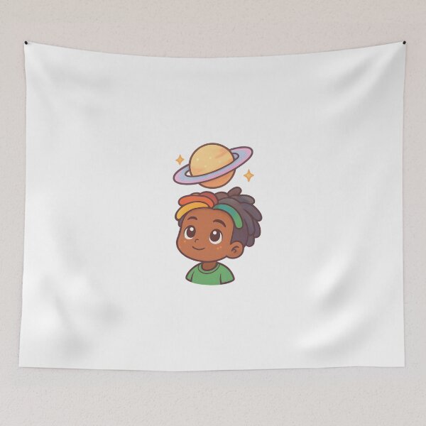 Item preview, Kawaii Chibi Black Boy with Colorful Rasta Hair Looking at Saturn - Cute Astrology Art designed and sold by OsasChild.