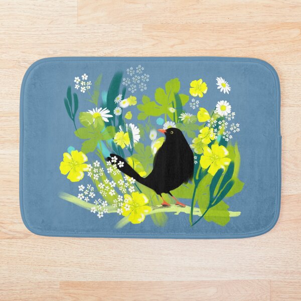 Item preview, Blackbird, daisies and buttercups on blue designed and sold by Mary Jane Lange.