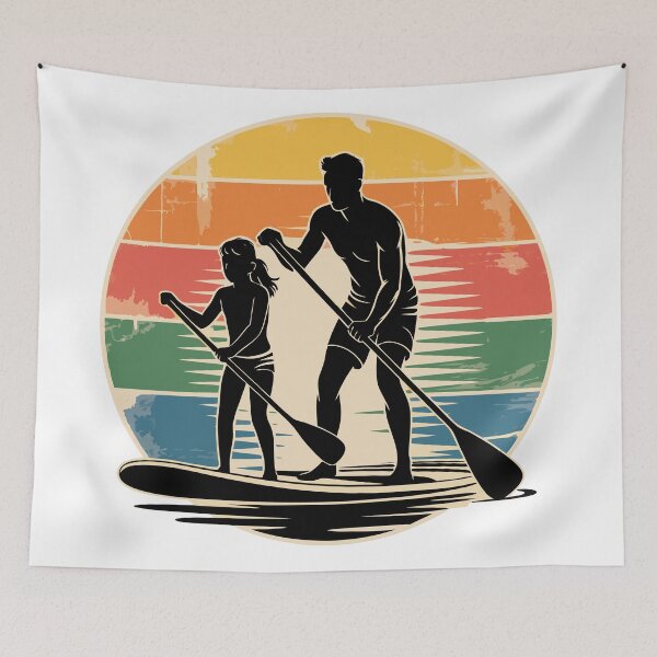 Item preview, Retro Paddleboarding Sunset – Vintage SUP Silhouette with Woman and Child designed and sold by VividOrganica.