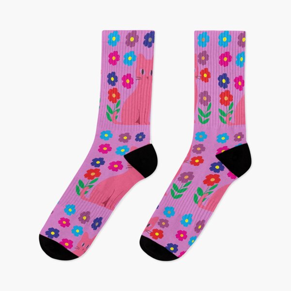 Item preview, Cute and vibrant print with pink cat and colorful flowers. designed and sold by HelenCris.