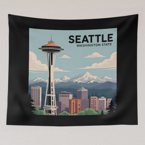 Item preview, Seattle Skyline Poster – Vintage Travel Style with Space Needle and Mountains designed and sold by VividOrganica.