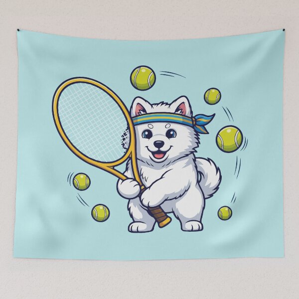 Item preview, Cute Samoyed Playing Tennis – Sporty Puppy Cartoon designed and sold by The Real Life Symphony.