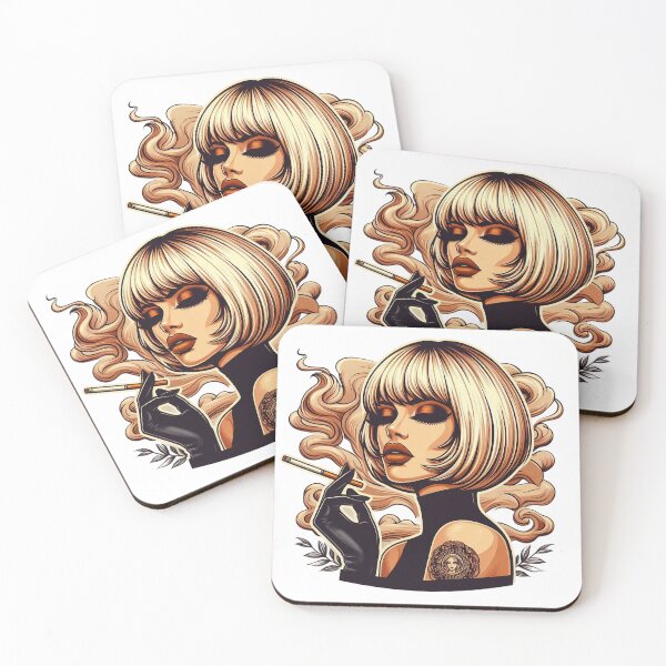 Item preview, Modern Blonde Femme Fatale Smoking Art with Tattoo and Gloves. designed and sold by Spark2Seduction.