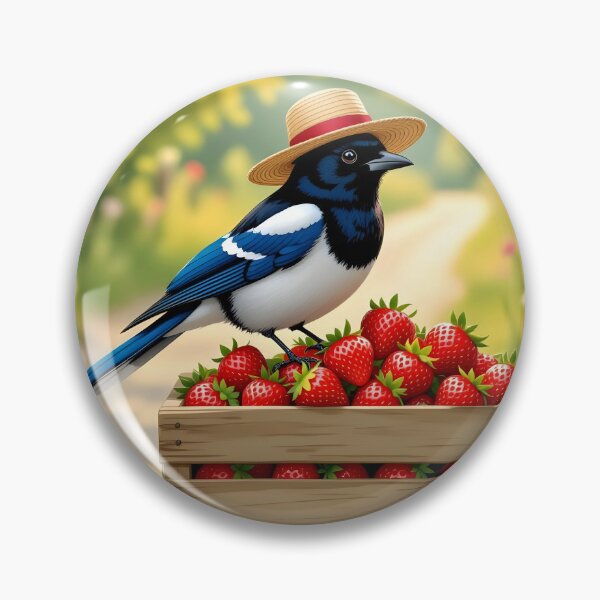 Item preview, Magpie on Strawberries – Cute Bird in a Straw Hat Illustration designed and sold by EmeraldeaArt.