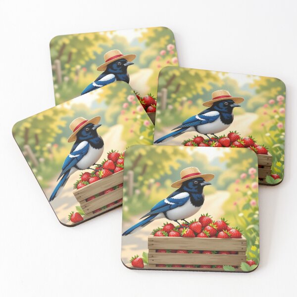 Item preview, Magpie on Strawberries – Cute Bird in a Straw Hat Illustration designed and sold by EmeraldeaArt.